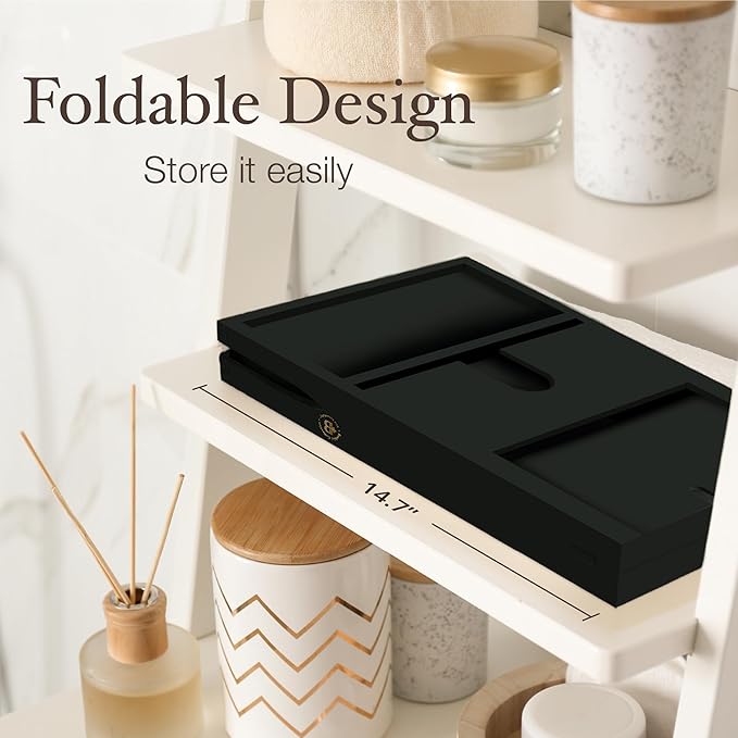 Wooden Bathtub Tray - Foldable & Expandable Bamboo Bath Tray for Tub with Wine Holder, Book & Tablet Stand - Bath Caddy Tray for Bathtub, Spa Bath Accessories, Tub Tray Table, (Black)