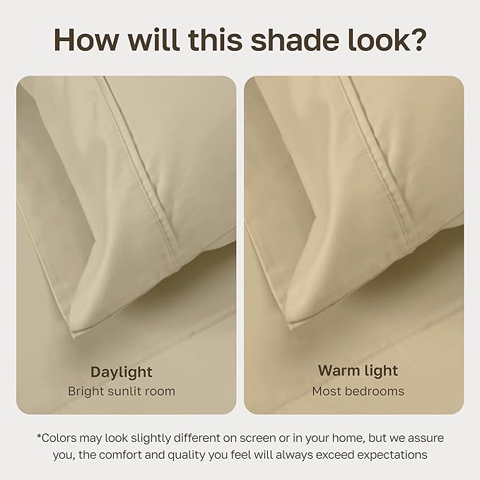 California Design Den 6 Piece King Size Sheets Set with 4 Pillowcases - Soft 400 Thread Count Sateen, 100% Cotton Sheets King Size with Deep Pockets, Durable Bedding Set - Beige (Golden Tone)