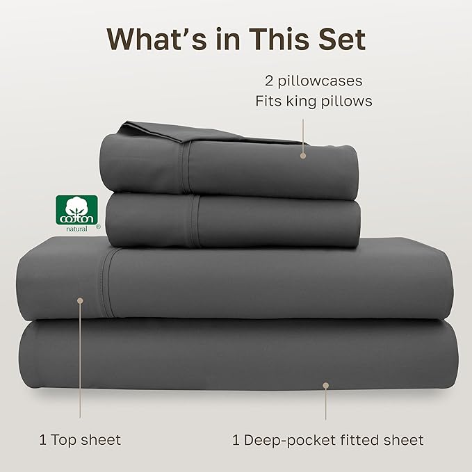 California Design Den California King Sheet Sets - Soft 100% Cotton Sheets, Soft Sateen Weave, Deep Pockets, and Durable Bedding Set - Grey