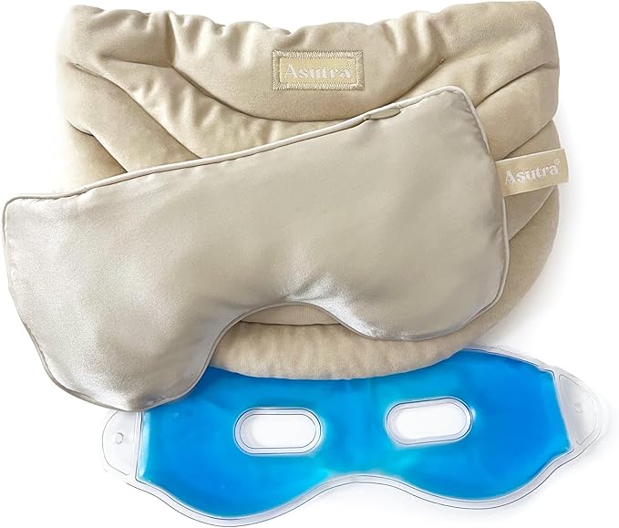 ASUTRA Champagne Gold Silk Eye Pillow and Weighted Neck Wrap Bundle Set, 2 Products - Weighted Eye Mask Filled w/Lavender & Flax Seeds, Hands-Free Microwaveable Heat Pad and Cooling Neck Wrap