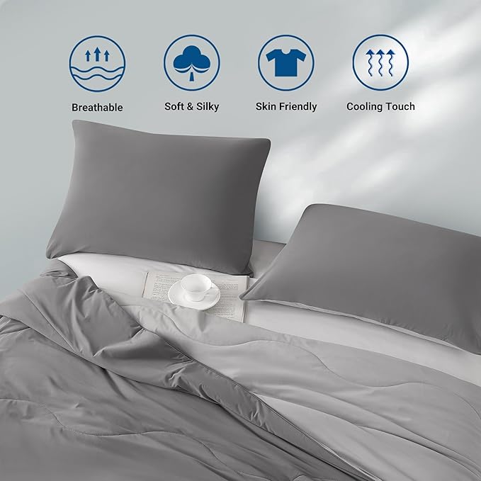 Hotel Grand Cooling Comforter for Hot Sleepers, Cooling Blankets Twin Size, Q-Max>0.4, Breathable and Soft, Lightweight Blankets for Summer (Grey, 68" x90”, Packed with Cooling Pillowcase)