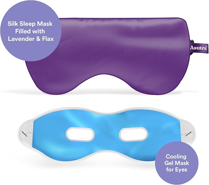 ASUTRA Sleep Bundle, 2 Products - Purple Silk Eye Mask Filled with Lavender and Flax Seeds, Lavender & Chamomile Essential Oil Pillow Spray
