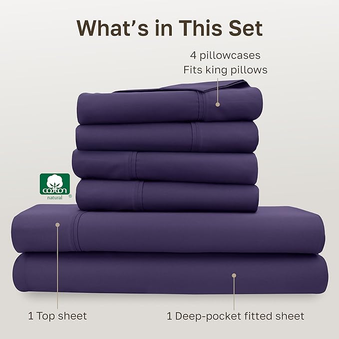 California Design Den 6-Pc King Size Sheet Set with 4 Pillowcases - Soft 400 Thread Count 100% Cotton Sheets, Sateen Weave, Deep Pocket Bedsheets Set - Dark Purple