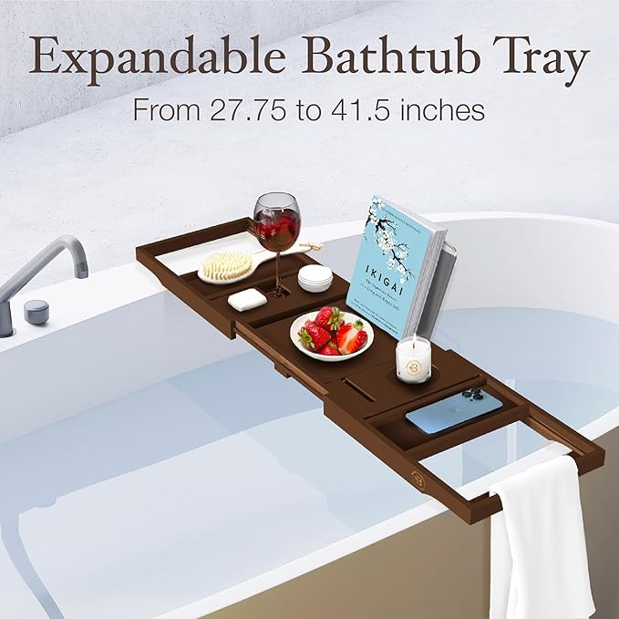 Wooden Bathtub Tray - Foldable & Expandable Bamboo Bath Tray for Tub with Wine Holder, Book & Tablet Stand - Bath Caddy Tray for Bathtub, Spa Bath Accessories, Tub Tray Table, (Brown)