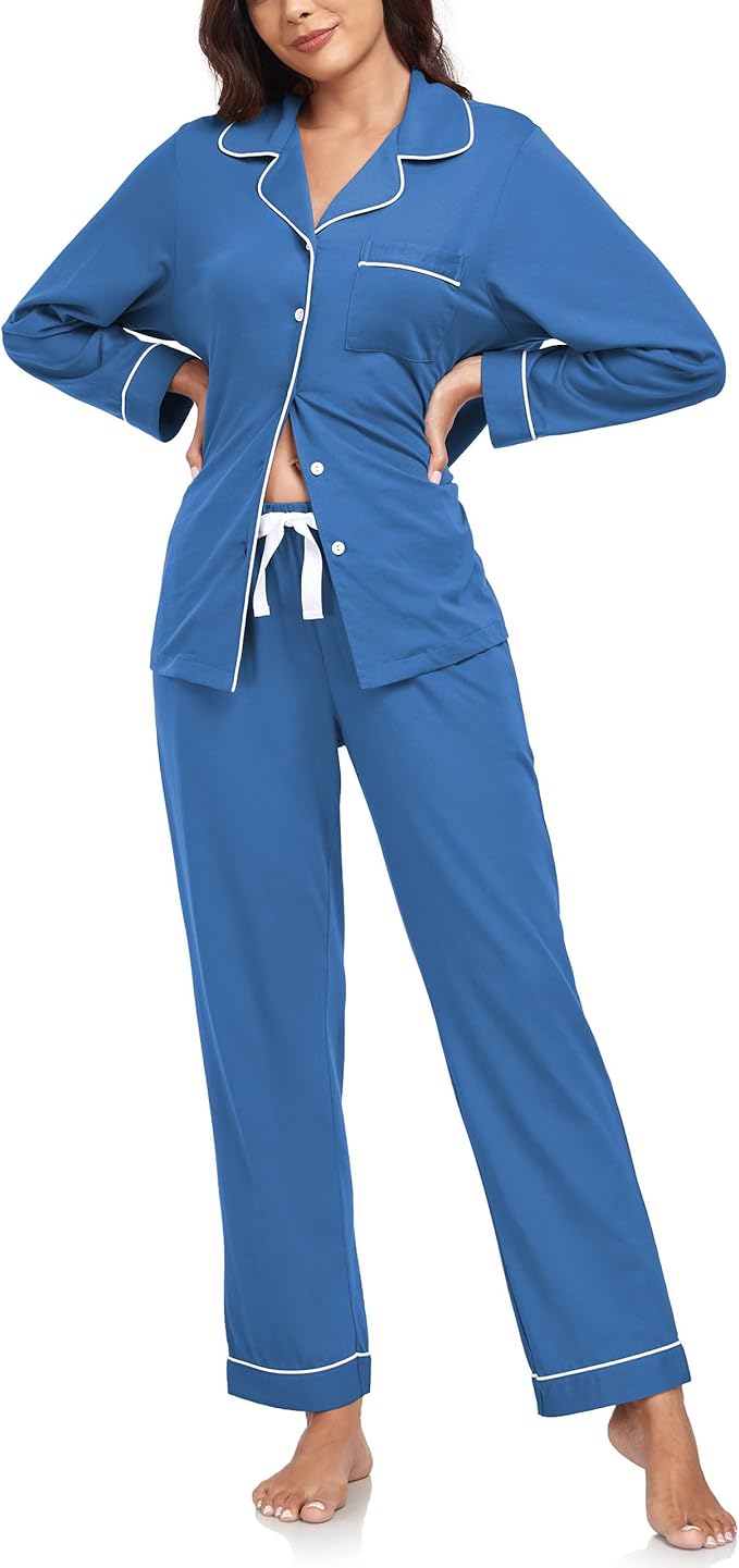 ANLIQI 100% Cotton Pajamas for Women Button Down Pajamas Long Sleeve Top & Pant Sleepwear Loungewear Pj Set with Pocket