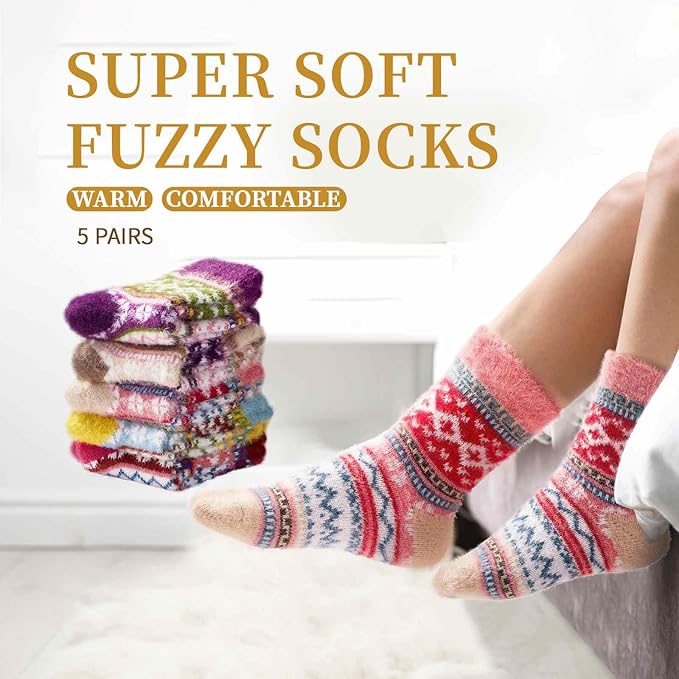 SISOSOCK 5 Pairs Fuzzy Soft Cozy Fluffy Socks for Women, Casual Thick Plush Comfy Sleep Socks, Warm Winter Gifts for Women