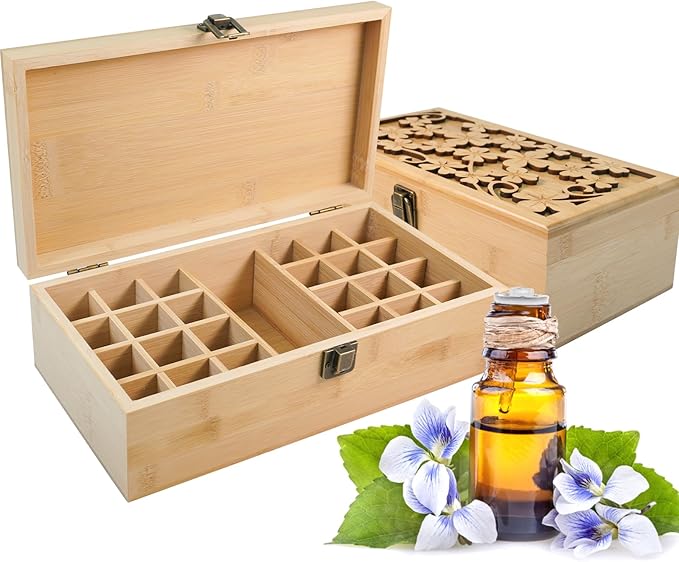 Pure Vie Bamboo Essential Oil Storage Box Travel Organizer Case with Bottle Cap Label - Aromatherapy Nail Polish Fragrance Container, Holds 24 Bottle for 5-30ml - Keep Scented Oil Safe & Space Saver