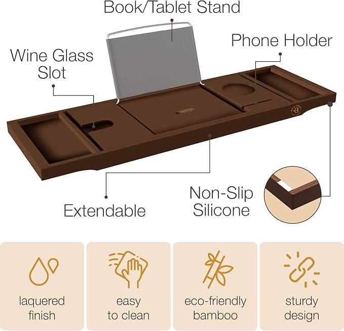 Wooden Bathtub Tray - Foldable & Expandable Bamboo Bath Tray for Tub with Wine Holder, Book & Tablet Stand - Bath Caddy Tray for Bathtub, Spa Bath Accessories, Tub Tray Table, (Brown)