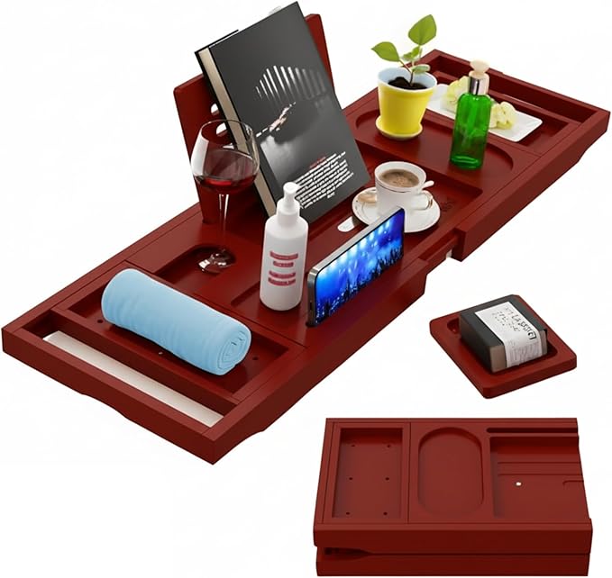 Bamboo Bathtub Caddy Tray Expandable & Foldable Bath Shelfwith Book, Tablet & Wine Holder Adjustable Wooden Bath Tray for Relaxing Spa atHome – Fits Most Tub Sizes.