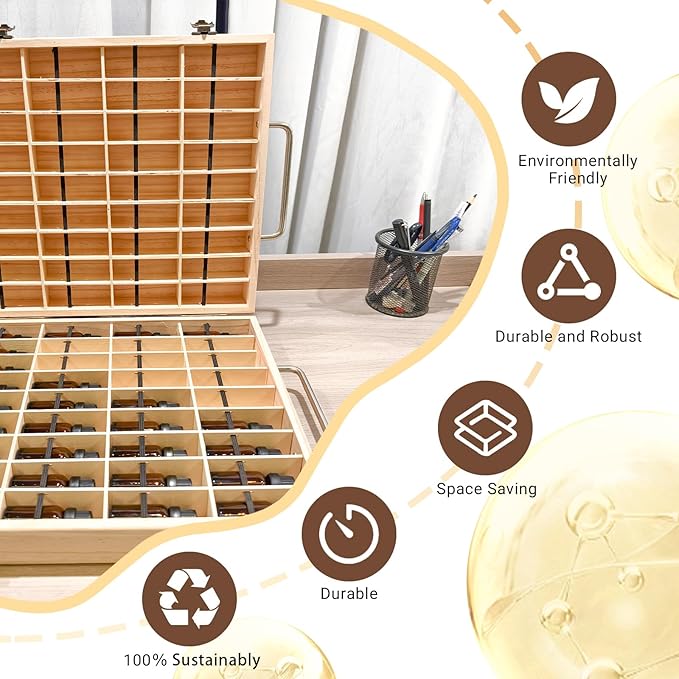 Pure Vie Wooden Essential Oil Storage Box Travel Organizer Case with Bottle Cap Label - Aromatherapy Nail Polish Fragrance Container, Holds 72 Bottle for 5-15ml - Keep Scented Oil Safe & Space Saver