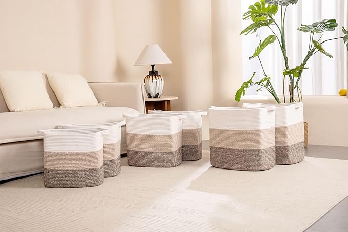 Storage Baskets for Clothes Fabric Cotton Rope Storage Basket with Handles, Decorative Woven Basket for Living Room,Closet Organizer Blankets, and 2bags (Gradient Brown, L17.8×W12.5×H17.9)