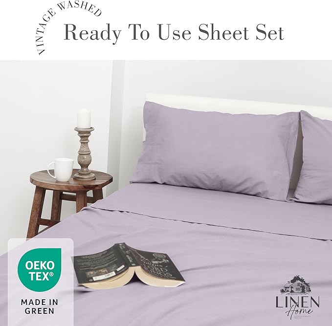 Linen Home Washed Cotton Percale Queen Sheet Set, Iris Lilac, Preshrunk, 4 Pieces Sets - 1 Flat, 1 Deep Pocket Fitted Sheet & 2 Envelope Closure Pillowcases, Soft, Cool and Comfortable Bed Linen