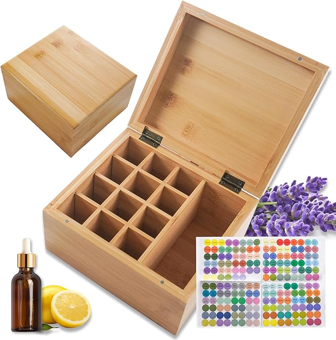 Pure Vie Wooden Essential Oil Storage Box Travel Organizer Case with Bottle Cap Label - Aromatherapy Nail Polish Fragrance Container, Holds 13 Bottle for 5-30ml - Keep Scented Oil Safe & Space Saver