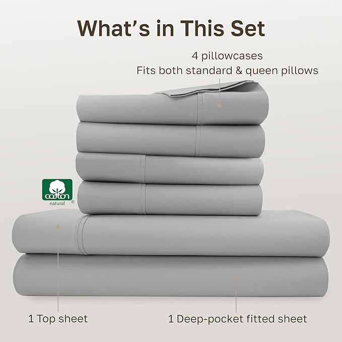 California Design Den 6-Pc Queen Size Sheet Set with 4 Pillowcases - 400 Thread Count 100% Cotton Sheets, Sateen Weave, Deep Pocket Bedsheets Set - Light Grey