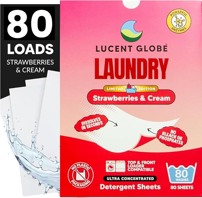 Lucent Globe Laundry Detergent Sheets. Pre-Measured Laundry Sheets. Powerful Stain Removal. Works in All Clothes Washers. (1 Pack - 80 Washes, Strawberries & Cream)