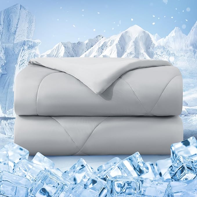 Cooling Comforter Queen Size, Double-Sided Cold Tech Fabric Quilted Bed Comforters Cooling Blanket for Hot Sleepers, Breathable Lightweight Summer Bedding, All-Season Ice Blanket, Light Gray