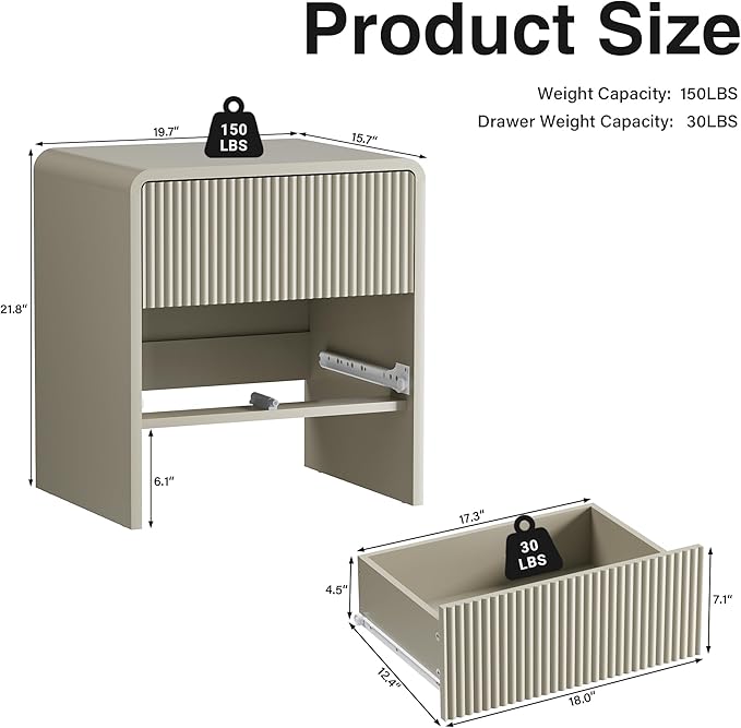 Set of 2 Modern Curved Nightstand with 2 Drawers, Push-to-Open Wooden Bedside Table, Minimalist End Table for Bedroom, Beige