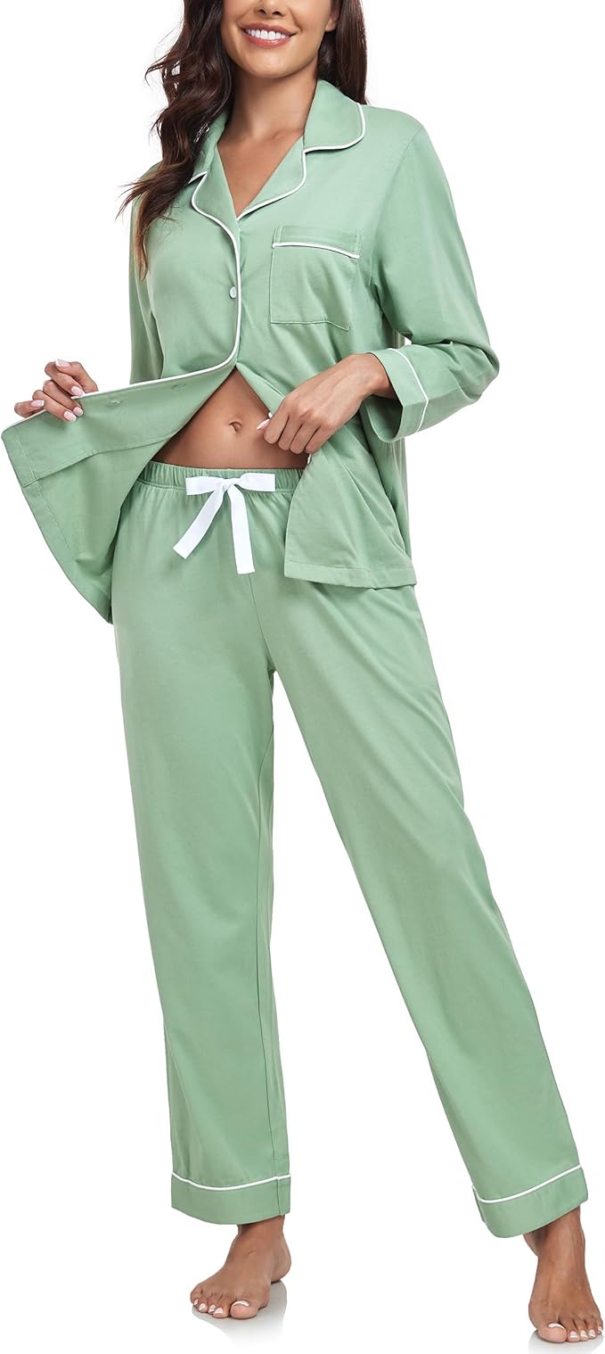 ANLIQI 100% Cotton Pajamas for Women Button Down Pajamas Long Sleeve Top & Pant Sleepwear Loungewear Pj Set with Pocket