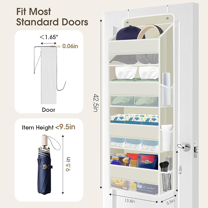 1 Pack Over The Door Organizer, Hanging Storage Organizer with Clear Window, 40lb Ultra Sturdy Large Capacity Room Organizer for Pantry Bathroom Nursery Closet Baby Essential (Beige)