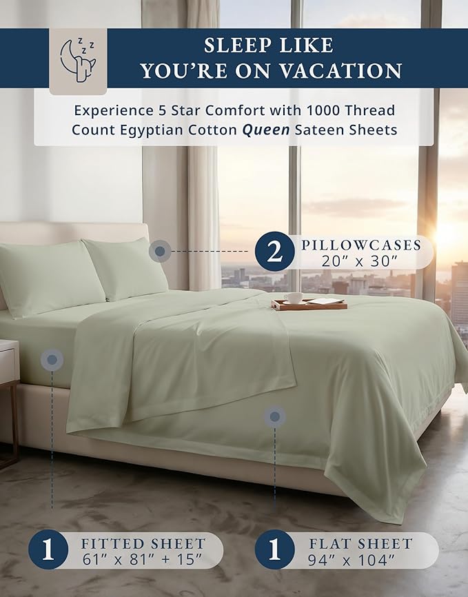 100% Egyptian Cotton Queen Bed Sheet Set – 1000 Thread Count 4 Piece Queen Sheets Set, Breathable & Fade Resistant, Silky Sateen Weave, Ultra-Soft Hotel Luxury Bedding with 15" Deep Pocket - Mineral