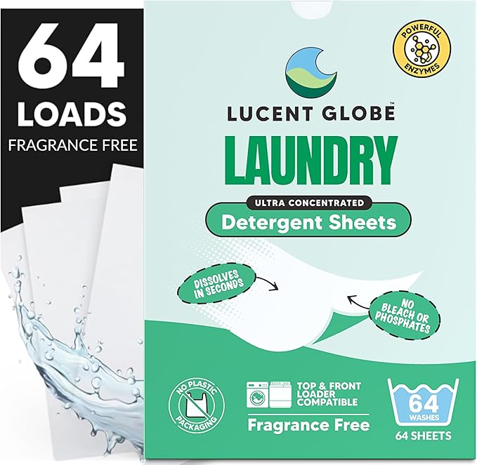 Lucent Globe Laundry Detergent Sheets. Pre-Measured Laundry Sheets. Powerful Stain Removal. Works in All Clothes Washers. (1 Pack - 64 Washes, Fragrance Free)