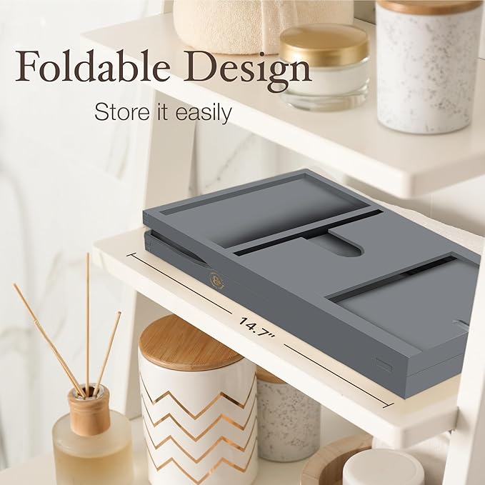 Wooden Bathtub Tray - Foldable & Expandable Bamboo Bath Tray for Tub with Wine Holder, Book & Tablet Stand - Bath Caddy Tray for Bathtub, Spa Bath Accessories, Tub Tray Table, Gift Idea for Her (Gray)