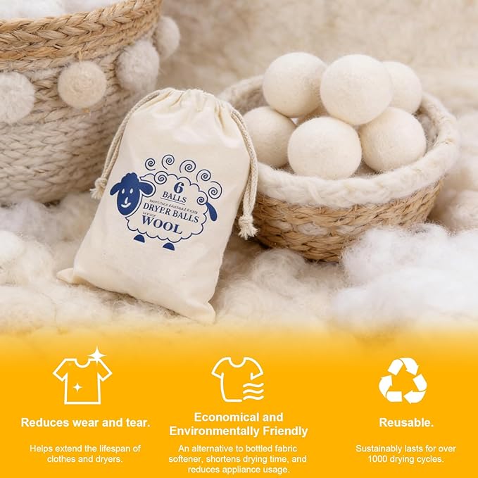 6pc Wool Dryer Balls, Dryer Balls for Laundry, Reusable Wool Dryer Balls