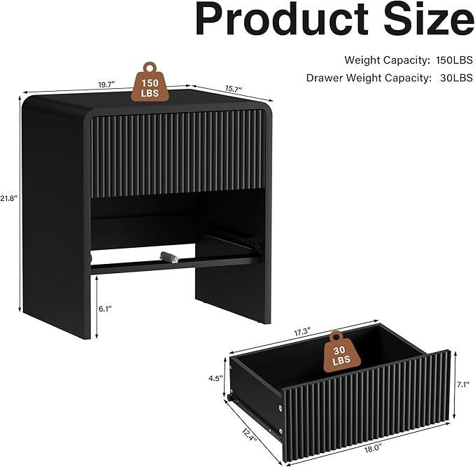 Set of 2 Modern Curved Nightstand with 2 Drawers, Push-to-Open Wooden Bedside Table, Minimalist End Table for Bedroom, Black