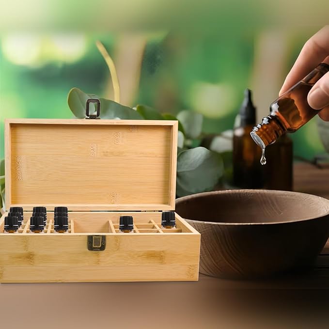Pure Vie Bamboo Essential Oil Storage Box Travel Organizer Case with Bottle Cap Label - Aromatherapy Nail Polish Fragrance Container, Holds 24 Bottle for 5-30ml - Keep Scented Oil Safe & Space Saver