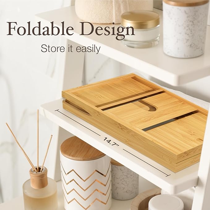 Wooden Bathtub Tray - Foldable Expandable Bamboo Bath Tray for Tub with Wine Holder, Book & Tablet Stand - Bath Caddy for Bathtub, Spa Bath Accessories for Women, Tub Tray Table, Gift for Her or Him