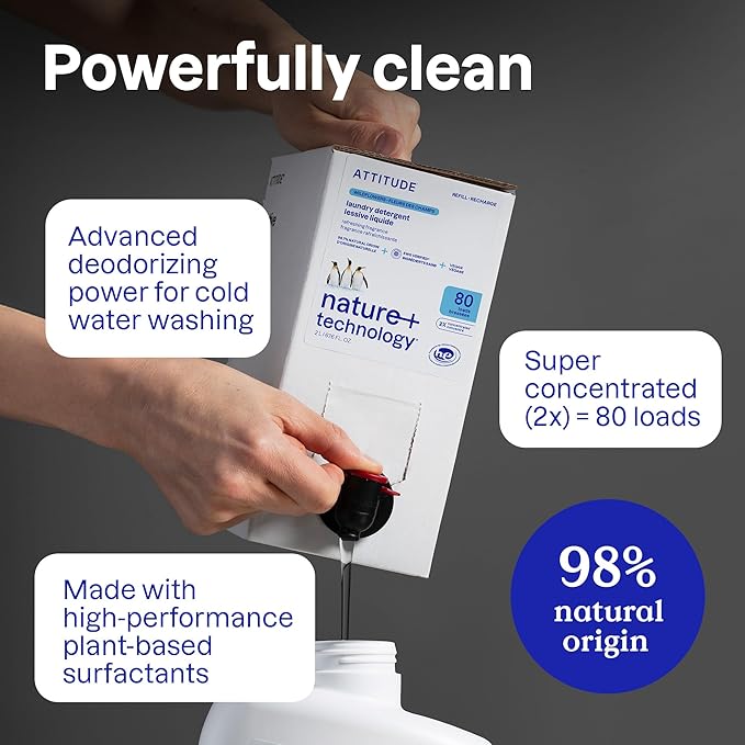 ATTITUDE Liquid Laundry Detergent, EWG Verified, HE Compatible, Plant-Based & Vegan, Natural Laundry Soap, Unscented, 80 Loads, 67.6 Fl Oz