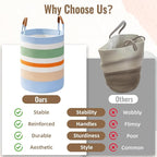 60L Striped Laundry Basket, Rainbow Laundry Hamper with Leather Handles, Woven Cotton Rope Storage Bin for Blankets, Nursery Hamper for Clothes, Toys In Bathroom, Livingroom, Bedroom