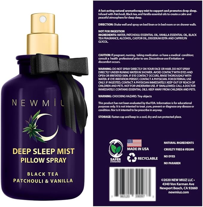 Deep Sleep Pillow Spray Natural Aromatherapy Mist for Sleep Relaxation Calming Stress Relief Patchouli Black Tea Vanilla Essential Oils Self Care Gift