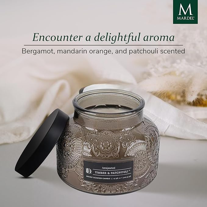 Timber & Patchouli Embossed Candle Jar (18 oz) - Refreshing Aroma of Bergamot, Mandarin Orange, and Patchouli - Large Dual Wick Glass Jar Candle