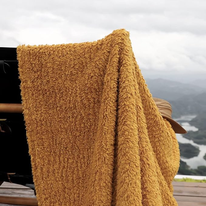 Ultra Soft Cozy Sherpa Throw Blanket, Light Weight Warm Decorative Throw Blanket with Tassel, Mustand Yellow Pattern Reversible Boho Style Blanket for Sofa, Couch, Bedroom,Travel, 50”x60”