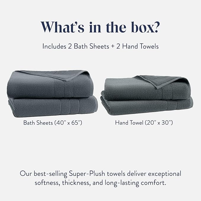 Brooklinen Super-Plush Bath Sheet and Hand Towel Set - 2 Bath Sheets 2 Hand Towels - Cotton, Highly Absorbent (Slate)