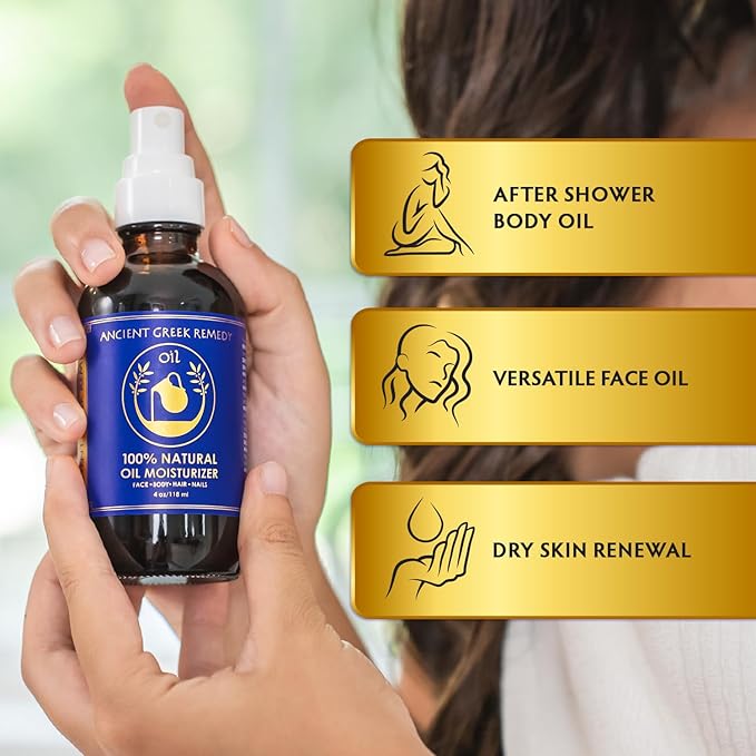 Ancient Greek Remedy Body Oil - Organic After Shower Face Oil & Body Moisturizer for Dry Skin - Almond, Jojoba, Olive, Lavender, Vitamin E Oils - Natural Clean Facial Skincare for Women & Men 4 oz