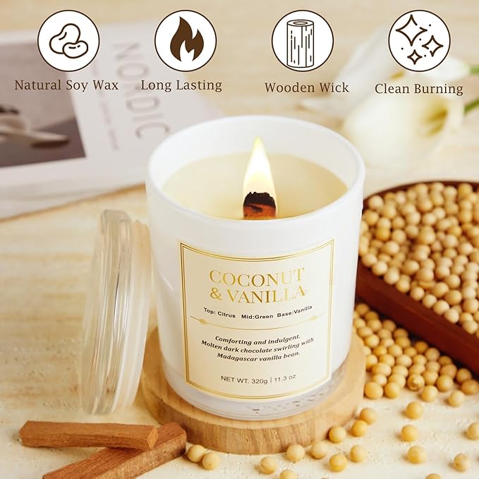 2 Pack Wood Wick Coconut & Vanilla Candle Gift Set – Long Lasting Soy Wax Candles with Gift Boxes, Holiday Aromatherapy Candles for Home Decor & Christmas Gifts