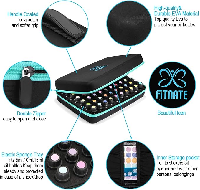 FITNATE Essential Oils Storage Case for 5ml, 10ml, 15ml Oils - Travel Case with Labels & Bottle Opener (70 Bottles, Blue)