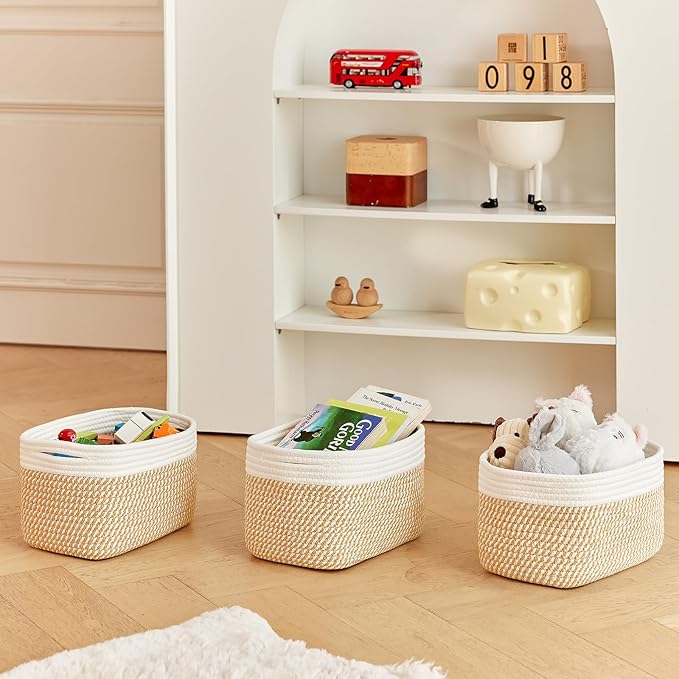 Small Cotton Rope Basket – Storage Bin for Organizing (10.6" x 6.7" x 6.7"), Bathroom Storage Basket for Shelf, Counter & Closet（White & Mixed Camel）