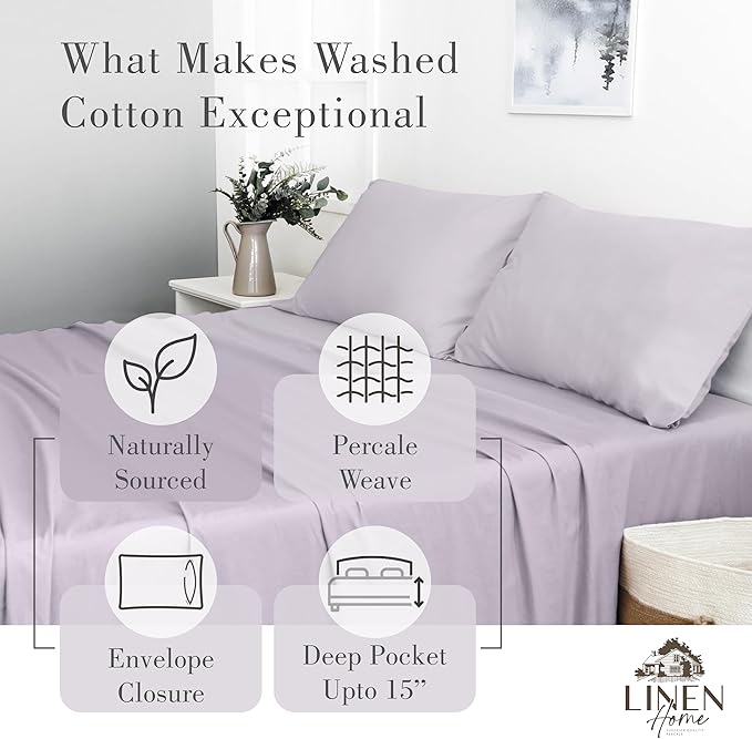 Linen Home Washed Cotton Percale Queen Sheet Set, Iris Lilac, Preshrunk, 4 Pieces Sets - 1 Flat, 1 Deep Pocket Fitted Sheet & 2 Envelope Closure Pillowcases, Soft, Cool and Comfortable Bed Linen