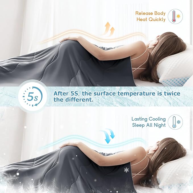 EASELAND Cooling Comforter Queen, Cold Touch Fabric Absorbs Body Heat, Double-Sided Cool Design Soft Fluffy Cooling Blanket for Night Sweats Hot Sleeper(Dark Gray, Queen(90"x90"))