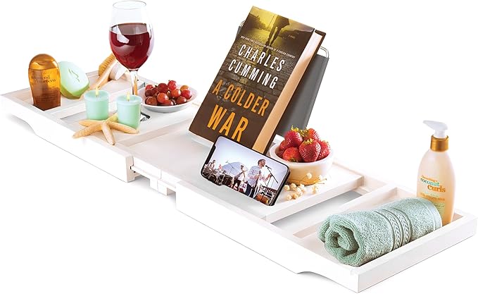 Wooden Bathtub Tray - Foldable & Expandable Bamboo Bath Tray for Tub with Wine Holder, Book & Tablet Stand - Bath Caddy Tray for Bathtub, Spa Bath Accessories, Tub Tray Table, Gifts for Her (White)