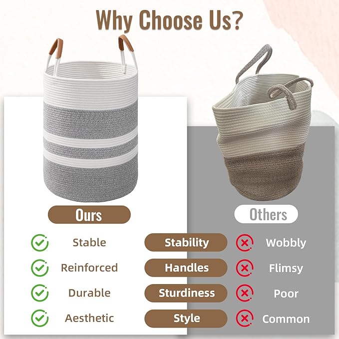 60L Striped Laundry Basket, Grey Laundry Hamper with Leather Handles, Woven Cotton Rope Storage Bin for Blankets, Nursery Hamper for Clothes, Toys In Bathroom, Livingroom, Bedroom