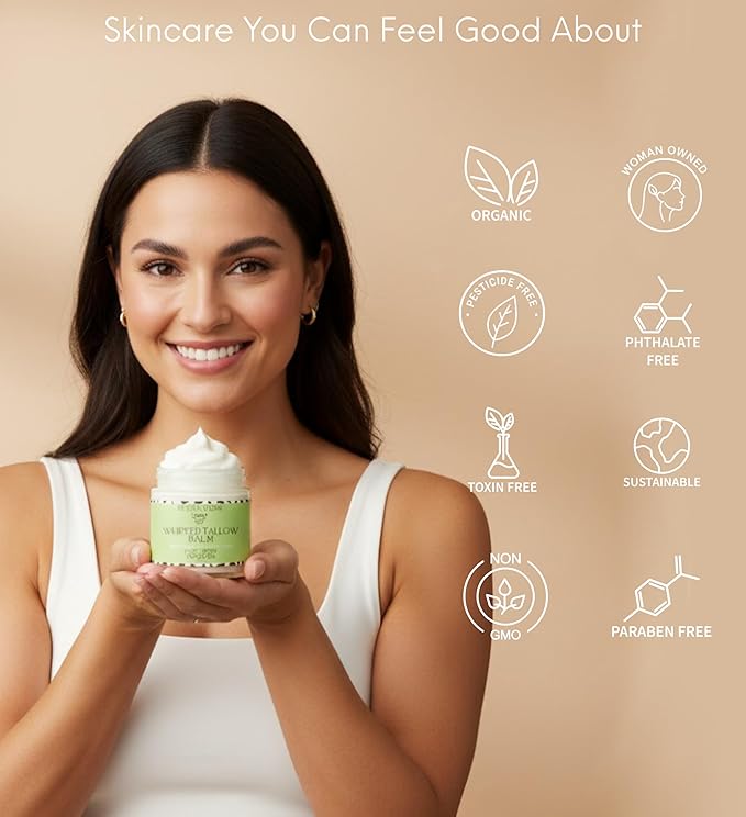 Organic Whipped Beef Tallow + Rosehip Oil for Face & Body Moisturizer Cream Lotion Balm Natural Grass Fed and Finished Body Butter for Dry Cracked Sensitive Skin Care Unscented Fragrance Free 4 Fl Oz