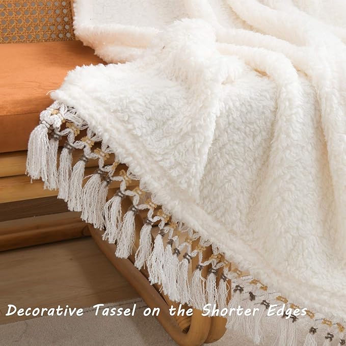 Ultra Soft Cozy Sherpa Throw Blanket, Light Weight Warm Decorative Throw Blanket with Tassel, Solid Antique White Pattern Reversible Boho Style Blanket for Sofa, Couch, Bedroom,Travel, 60”x80”