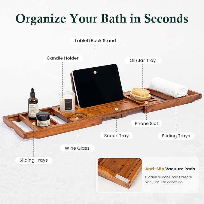Teak Bathtub Tray, Bath Caddy with Wine Glass Holder, Phone Dock & Book Stand | Hands-Free Reading & Ultimate Spa Relaxation Experience-Natural