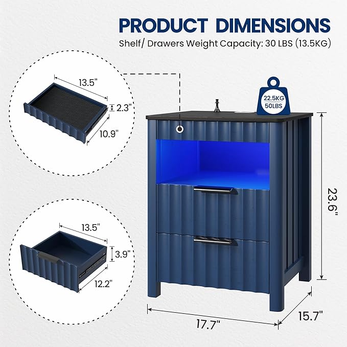 Fluted Night Stand Set 2 with Gun Drawer, Natural Grain Nightstands with Charging Station and Human Sensor, Modern Bedside Table with LED Light and Storage Shelf for Bedroom/Living Room, Blue