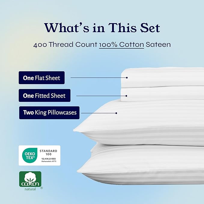 California Design Den Striped King Size Sheets Set - Soft 400 Thread Count Sateen, Natural 100% Cotton Sheets with Deep Pockets, and Durable Bedding Set - Striped White