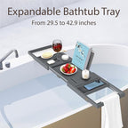 Wooden Bathtub Tray - Foldable & Expandable Bamboo Bath Tray for Tub with Wine Holder, Book & Tablet Stand - Bath Caddy Tray for Bathtub, Spa Bath Accessories, Tub Tray Table, Gift Idea for Her (Gray)